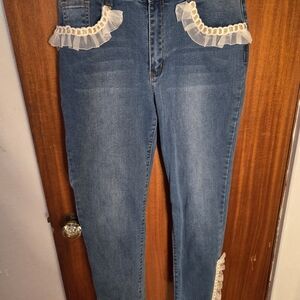 SHEIN Blue Jeans with Cream Ruffle Detail